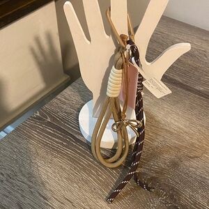 I Am NWT Tan Brown Key Holder Ring Keychain Bag Charm Silvertone Bow 9.75” Long